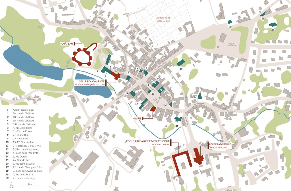 Carte de la ville de Lassay représentant les édifices étudiés